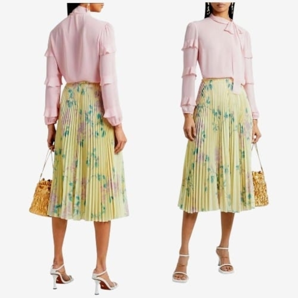 RED Valentino Pleated Floral Midi Skirt Pastel Yellow Italy Size 42, MSRP $975 - Picture 7 of 16